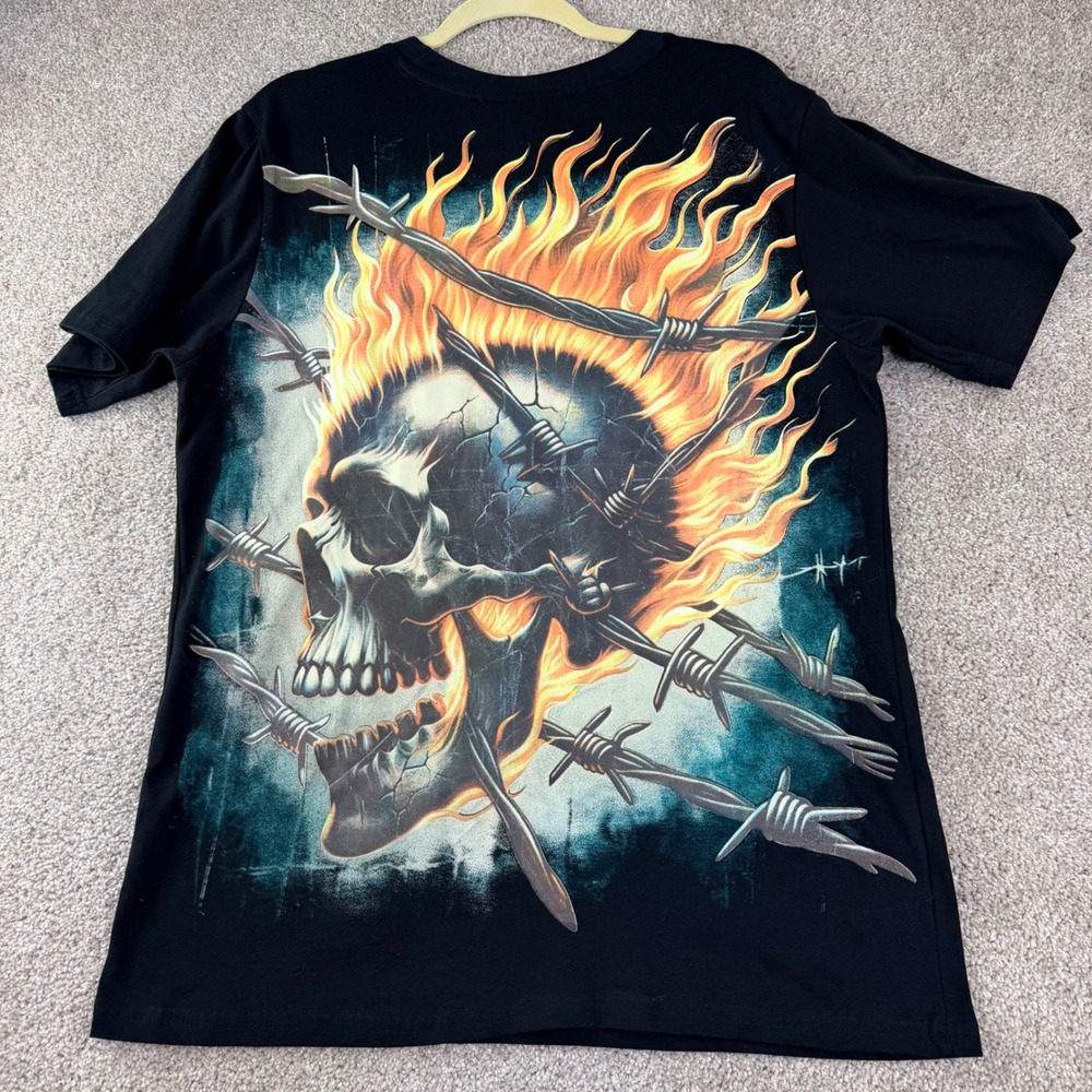 Rebel Vengeance Graphic T-Shirt Large Skull Flames Barbed Wire Y2K Black Grunge